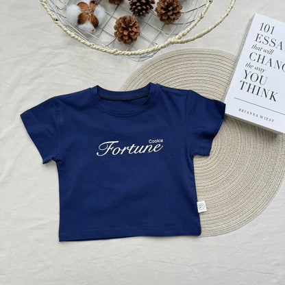 Korean Version Ins English Letter Round Neck Short Sleeved Shirt for Boys and Girls, Summer Style, Breathable Cotton Daily Style