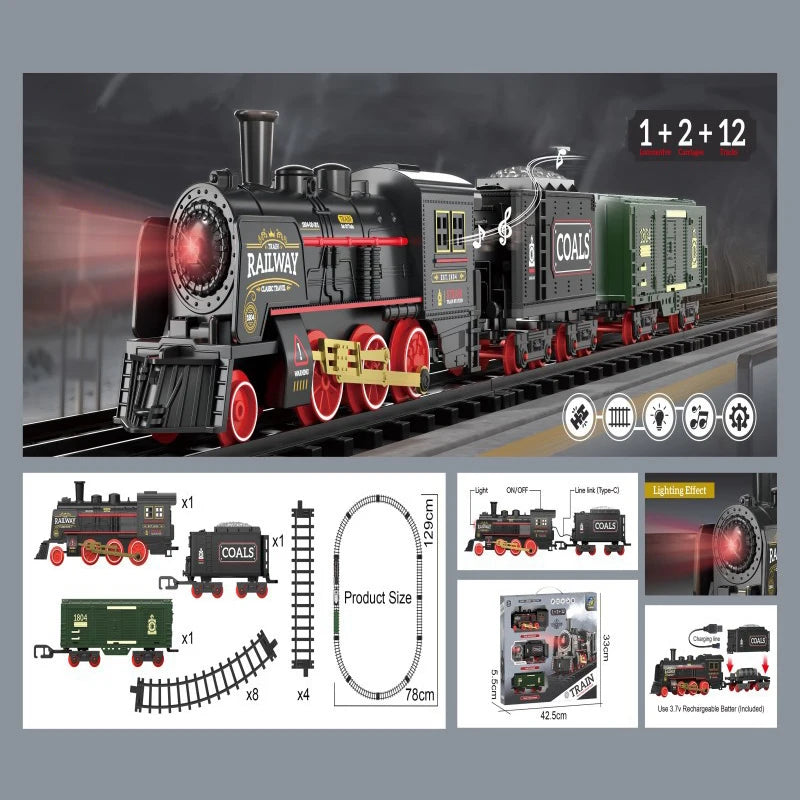 Simulation Classical Steam Train Toy Retro Railway Track Car Set Small Freight Train With Light Music Toys for Kid Birthday Gift