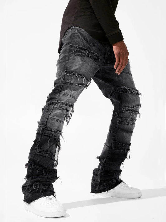 2025 New Stacked Jeans Men Patchworks Spliced Denim Ripped Wash Frayed Pants Male's Streetwear Men‘s Tassel motorcycle jeans