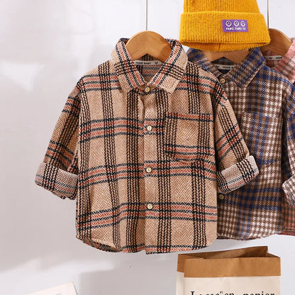 2025 Spring Children Boys Plaid Shirts Cotton Turn Down Collar Casual Toddler Kid Boy Coat Loose Long Sleeve Infant Baby Boy Top