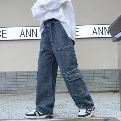Spring Autumn Teenager Boys Jeans Pocket Casual Denim Kids Boys Wide Leg Loose Pants Childrens Boys Straight Leg Pants