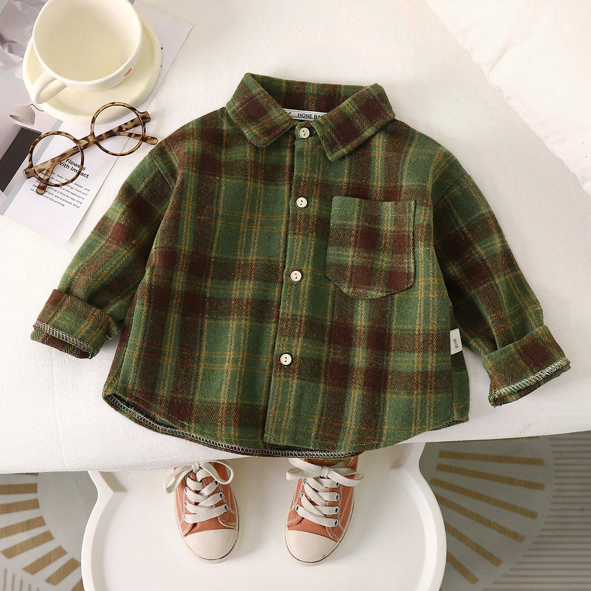 2025 Spring Children Boys Plaid Shirts Cotton Turn Down Collar Casual Toddler Kid Boy Coat Loose Long Sleeve Infant Baby Boy Top