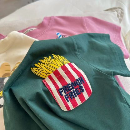 Children's Short Sleeve 2023 Summer New Boys and Girls Cartoon Pocket Short Sleeved T-shirt Baby Cute T-shirt Fashion