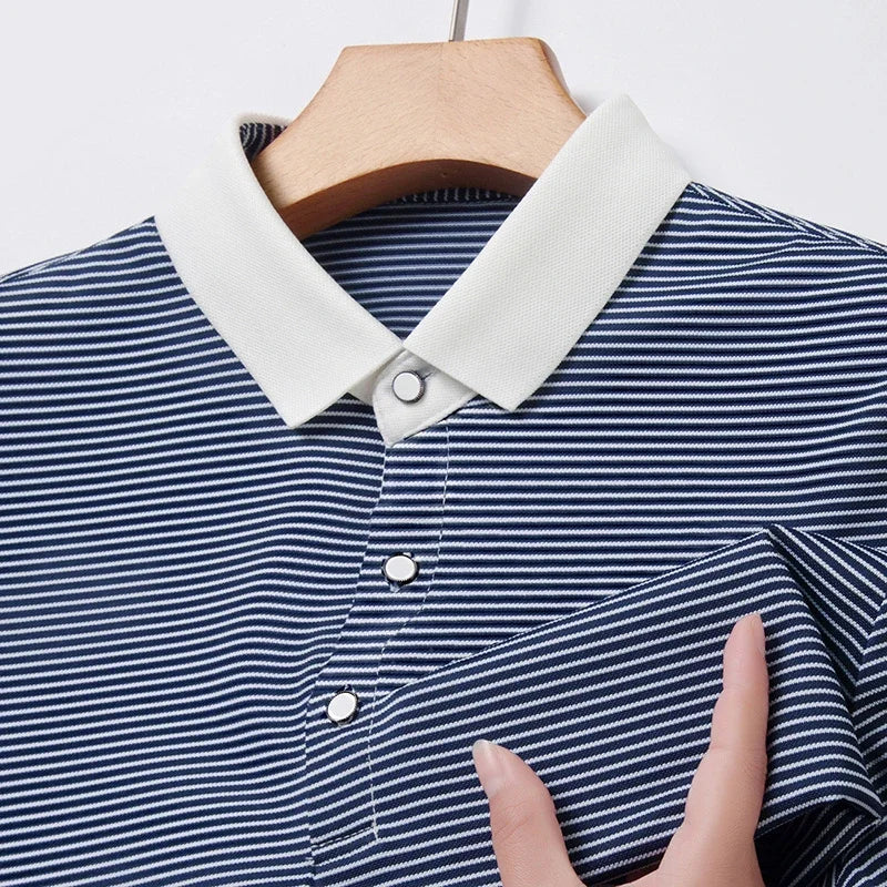 2024 Men's New Striped Cotton Business Casual Short Sleeved POLO Shirt Fashion Short Sleeved Comfortable and Breathable Top