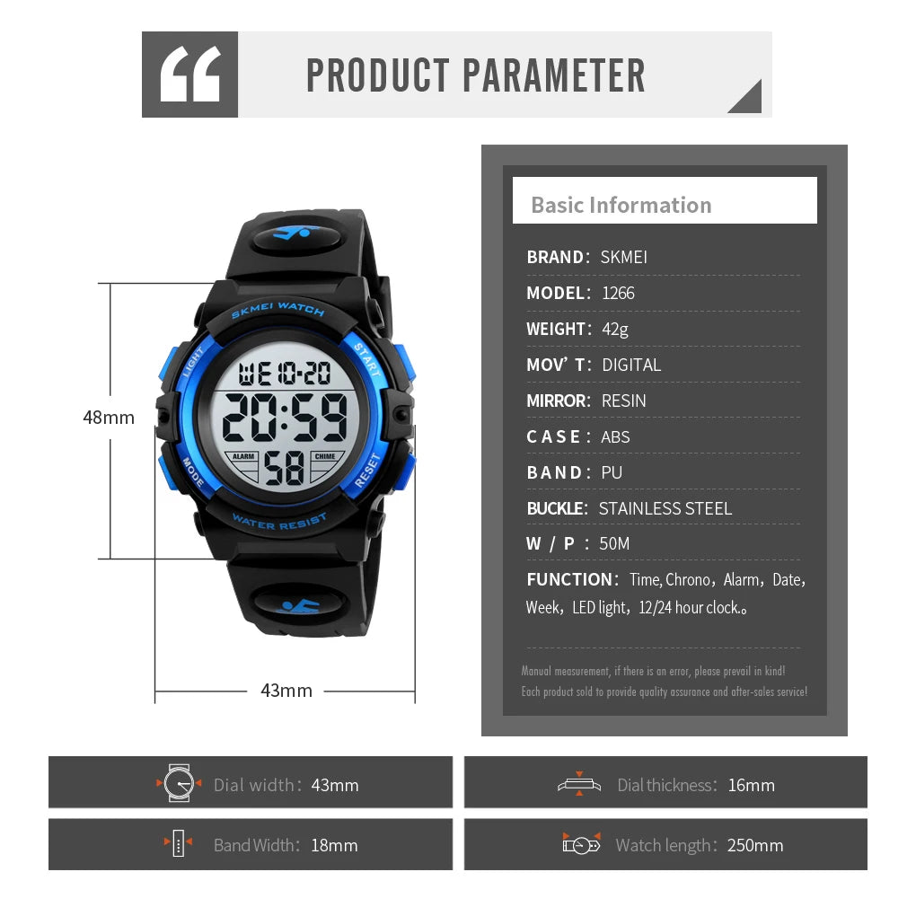 Children LED Electronic Digital Watch Chronograph Clock Sport Watches 5Bar Waterproof Kids Wristwatches For Boys Girls