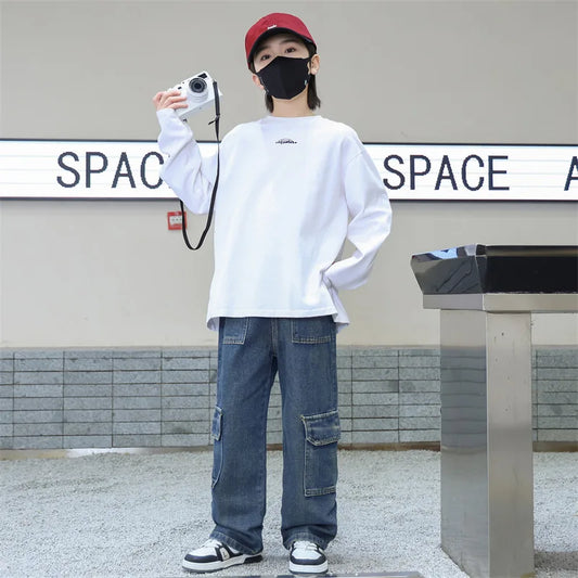 Spring Autumn Teenager Boys Jeans Pocket Casual Denim Kids Boys Wide Leg Loose Pants Childrens Boys Straight Leg Pants