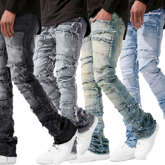 2025 New Stacked Jeans Men Patchworks Spliced Denim Ripped Wash Frayed Pants Male's Streetwear Men‘s Tassel motorcycle jeans