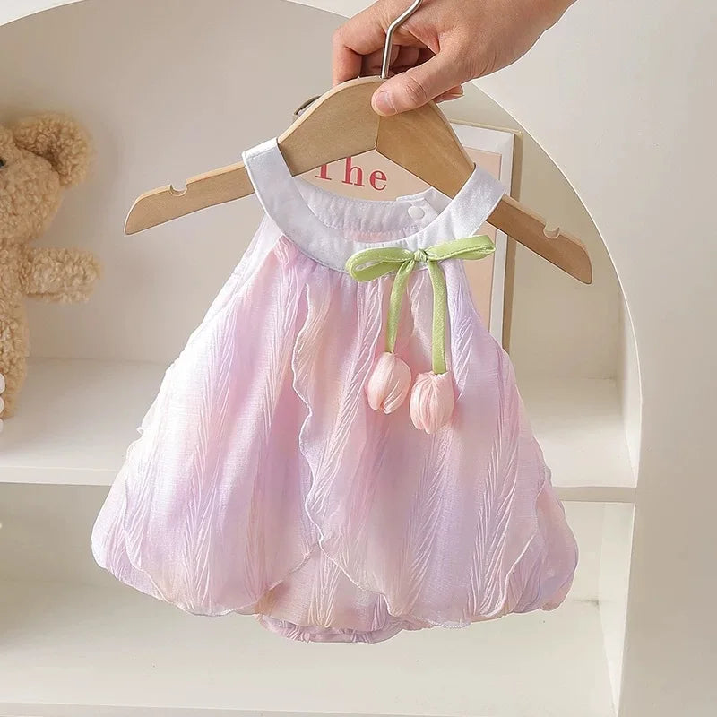 Adorable Baby Girls' Tulip Decor Inspired Iridescent Halter Sling Princess Romper Dress Soft and Soft for 0 - 2 Y girls dress