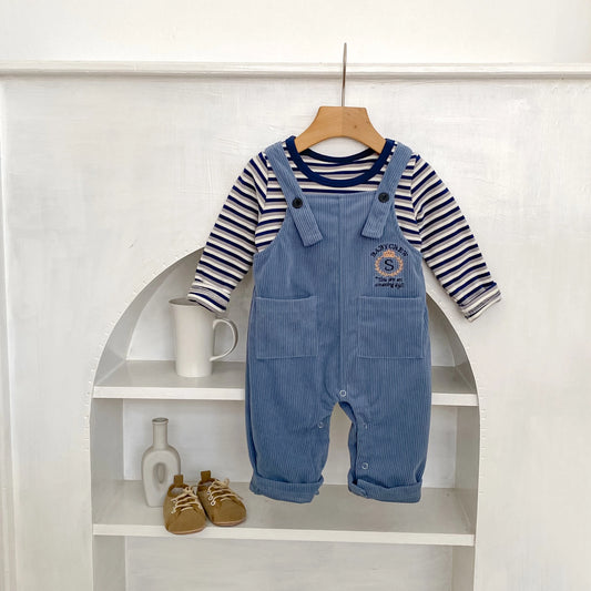 Autumn new 0-3 year old baby clothing, cute boys and girls striped long sleeved top+overalls, sold separately