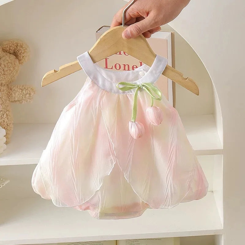 Adorable Baby Girls' Tulip Decor Inspired Iridescent Halter Sling Princess Romper Dress Soft and Soft for 0 - 2 Y girls dress