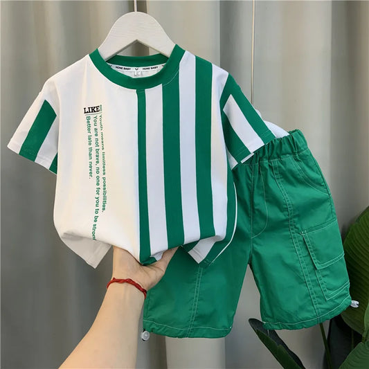 2025 UNITIM Summer Childrens Boys 2PCS Clothing Set Casual Striped Short Sleeve Top Solid Shorts Toddler Baby Boys Outfits