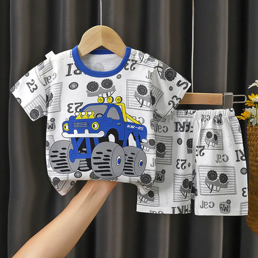Summer Boys' Short Sleeved Suit Cartoon Car Printing Cotton Short Sleeved Top +Shorts 2pcs Set Children Boy Kids Pyjamas Suit