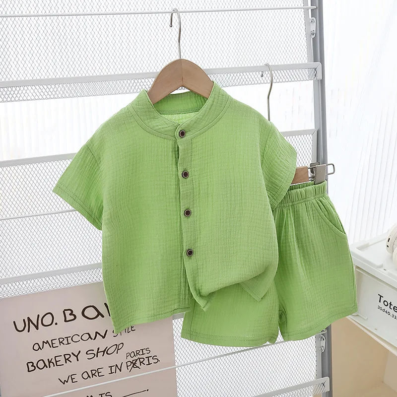 1Set Summer Boys Girls Clothing Sets Solid Pure Cotton T-shirts+Elasctic Shorts Kids Clothes Children Casual Clothing Sets