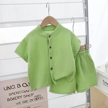 1Set Summer Boys Girls Clothing Sets Solid Pure Cotton T-shirts+Elasctic Shorts Kids Clothes Children Casual Clothing Sets